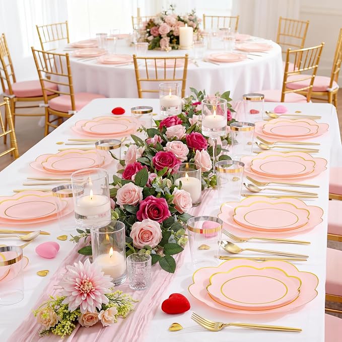 ejonirinjonir EI 180pcs Pink Plastic Plates with Gold Plastic Silverware,Heavy-Duty Disposable Plates for Party,White Dinnerware Set for 30 Guest Wedding,Birthday,Valentine's Day