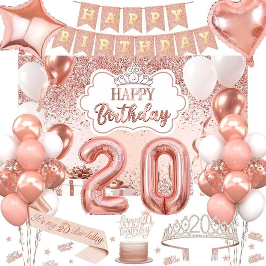 20th Birthday Decorations for Women, 52pcs Sweet Rose Gold Happy 20 Birthday Decorations Including 20th Rose Gold Crown, Sash, Banner, Background for 20 Party Decorations Set