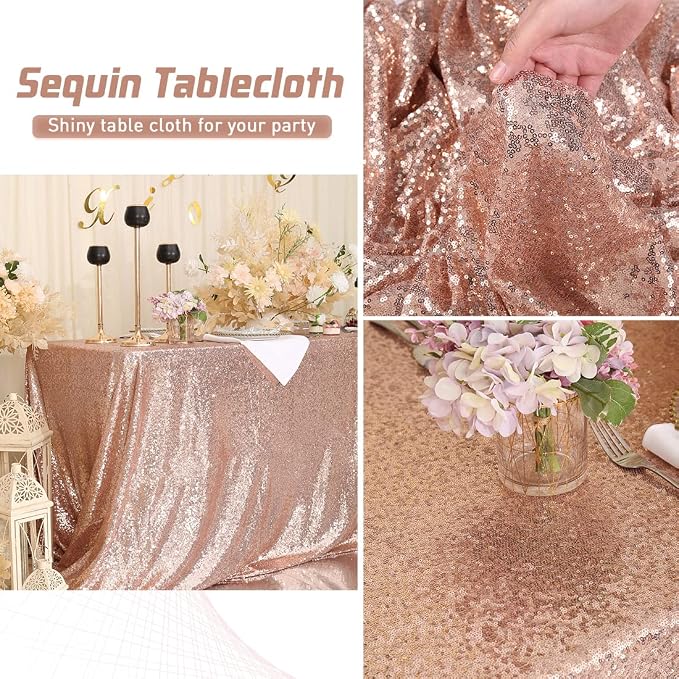 Eternal Beauty Rose Gold Tablecloth, 60x102 Inch Sequin Rectangle Table Cover for Mother's Day Cake Dessert Exhibition Party Birthday Events