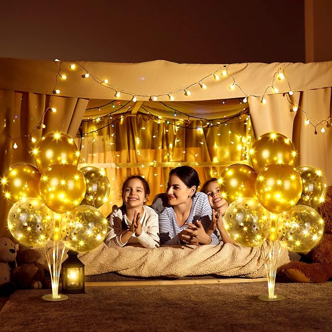 Junkin 6 Set Balloons Centerpieces for Table with LED String Light 60 Pcs Balloons Light up Table Balloon Stand Centerpieces for Graduation Birthday Baby Shower Wedding Bridal Shower(Gold)