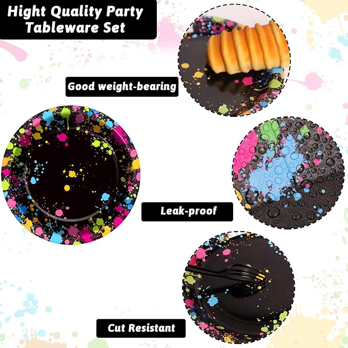 50 Guests Neon Party Supplies Glow Party Plates Napkins Tableware Neon Glow Paper Disposable Birthday Colorful Graffiti Party Decoration Favor, 200 Pieces