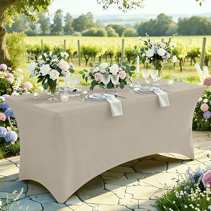 Moosfor Spandex Elastic Fitted 6FT Rectangle Tablecloth 6 Pack, Stretch Washable Reusable Table Cover for Outdoor Picnic, Dining, Wedding, Banquet & Party Events (Taupe, 72Lx30Wx30H Inch)