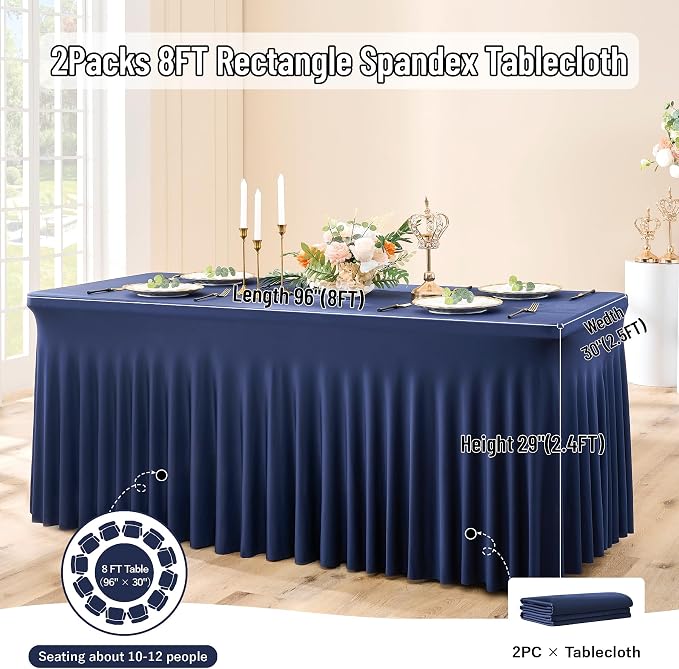 leegleri 2 Pack Navy Blue Spandex Tablecloths for 8 Foot Rectangle Tables, Wrinkle Free Fitted Table Cloths 8ft Stretchy Table Cloth Cover with Skirt for Parties Weddings Birthday Banquet Baby Shower