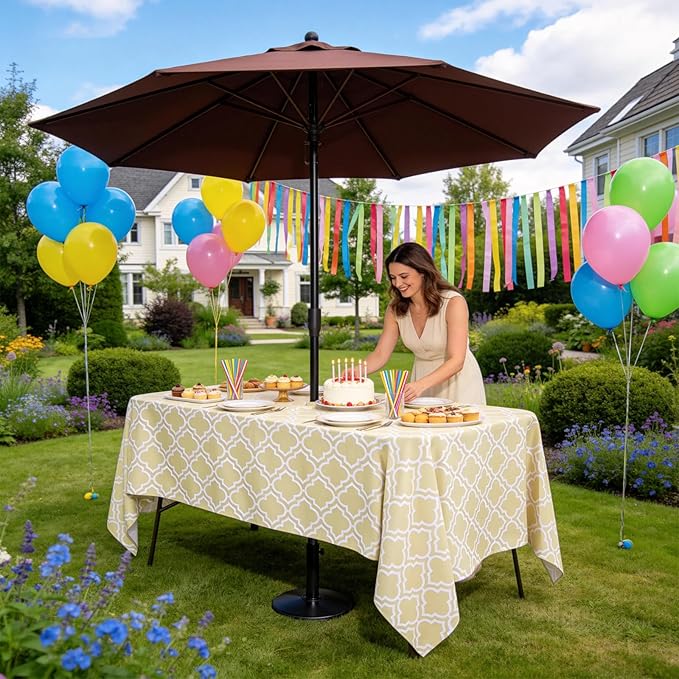 Poise3EHome Outdoor Tablecloth Rectangle with Umbrella Hole Waterproof Spillproof for Patio Table Picnic Camping Spring Summer, Khaki (60X104 Zipper)