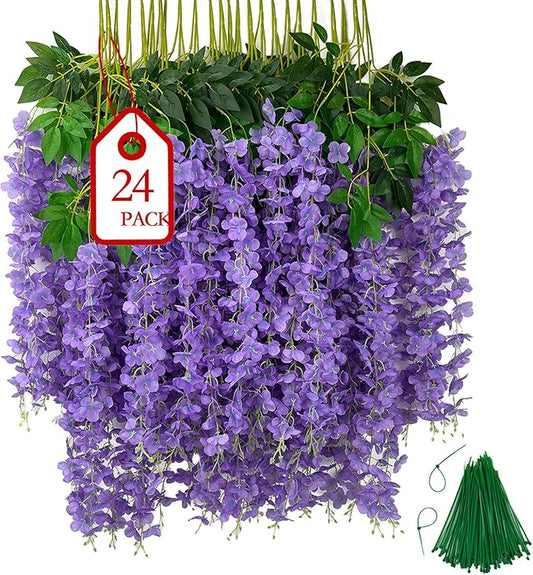 BIRDDIE 24Pcs of Artificial Wisteria Hanging Flowers, 3.75 Feet Fake Wisteria Flower Strings for Backdrop, Wedding, Ceremony,Garden and Home Wall Decoration (Light Purple)
