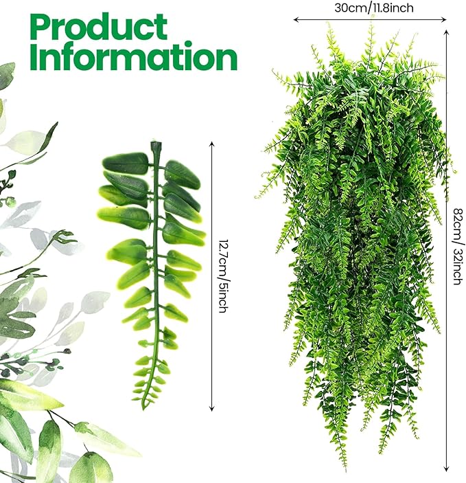 XunYee 28 Pcs Artificial Hanging Plants 32 Inch Plastic Fern Vine Fake Greenery Plant Faux Eucalyptus Vine for Wall Room Wedding Indoor Outdoor Decor, No Baskets(Boston Fern,Greenery, Eucalyptus)
