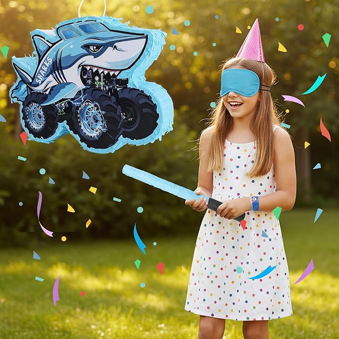 Shark Truck Pinata - Monster Truck Pinata with Blindfold and Bat for Birthday Parties, Monster Truck Pinata for Themed Decorations 16x12x3 Inches