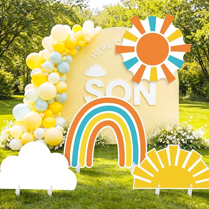 4 Pcs Here Comes the Son Baby Shower Decoration, Large Sun Cloud Rainbow Cardboard Cutouts Props, Retro Sunshine Themed Standups for Photo Booth & Boy First Birthday Decor