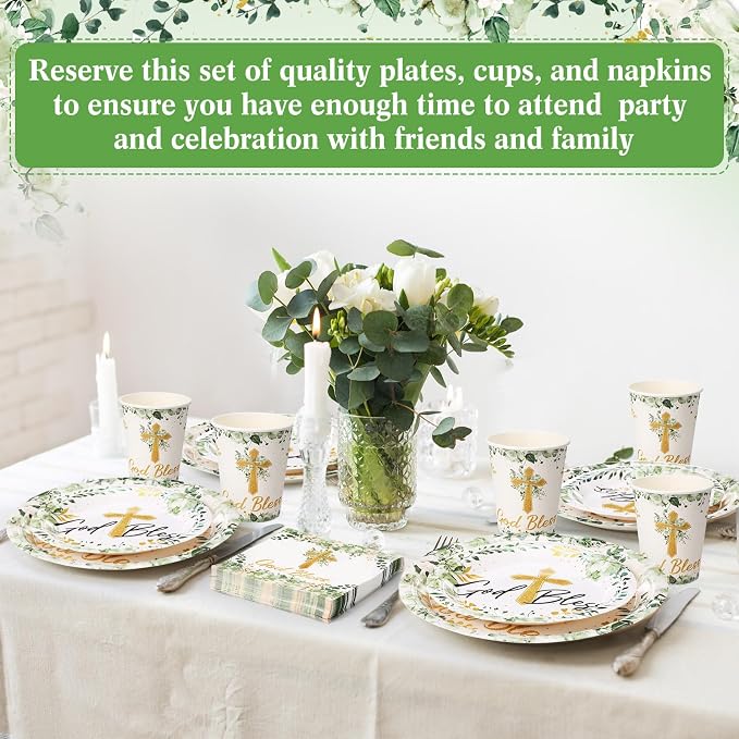 Pickmesh 250 Pcs God Bless Baptism Party Supplies Sage Green Disposable Paper Plates Napkins Cups Set for First Holy Communion Christening Baby Shower Religious Celebration Serves 50