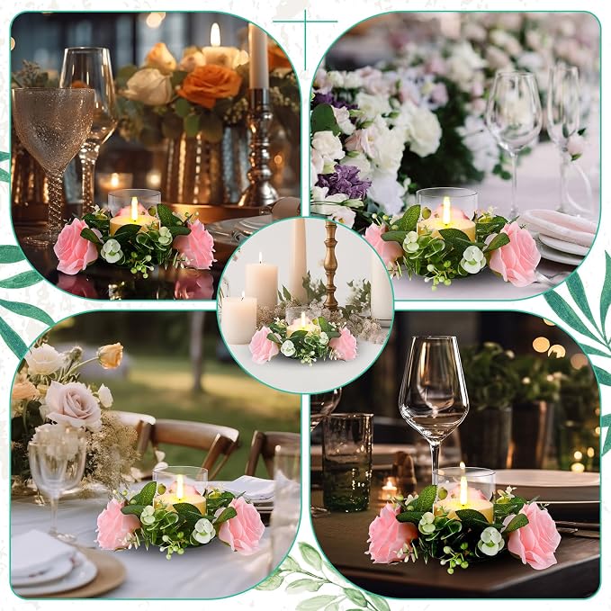 Yunlly 12 Pcs Rose Candle Rings with Flameless Candles Sets, Artificial Flower Eucalyptus Wedding Centerpiece 3 Inch Pillar Candleholders Wreaths for Wedding Party Mother's Day (Pink)