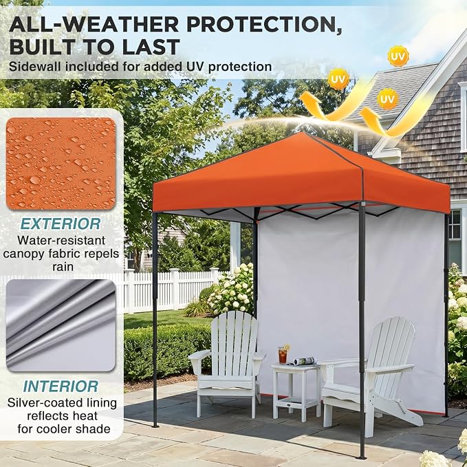 EAGLE PEAK 6x4 Instant Pop Up Canopy Tent with 1 Side Wall Panel, Straight Leg Sun Shelter, Portable Canopy with Carry Bag for Camping, Beach & Sports, Orange