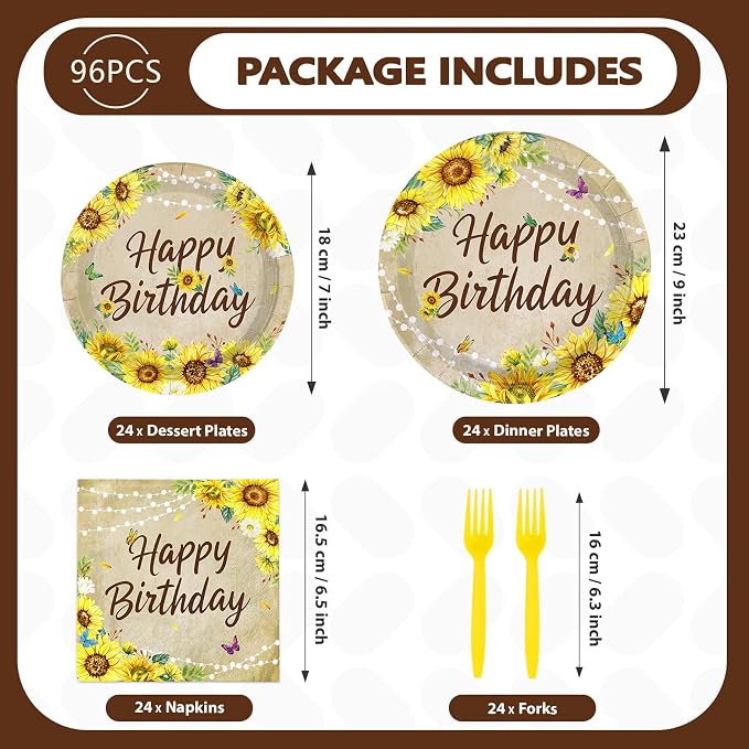 96 Pcs Sunflower Birthday Party Decorations Vintage Sunflower Plates and Napkins Disposable Yellow Sunflowers Tableware Set for Women Girls Spring Fall Birthday Wedding Party Supplies Serves 24