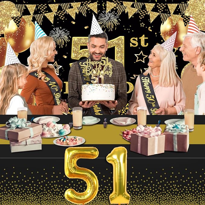 51st Birthday Decorations Men Women with 51st Birthday Banner, Black and Gold Table Cloth, Number Balloons, Large Sash, Cake Topper and Candles