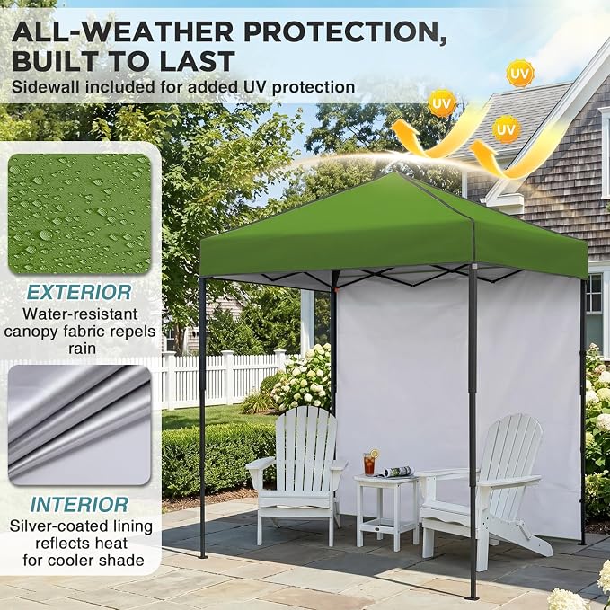 EAGLE PEAK 6x4 Instant Pop Up Canopy Tent with 1 Side Wall Panel, Straight Leg Sun Shelter, Portable Canopy with Carry Bag for Camping, Beach & Sports, Grass Green