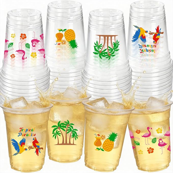 50Pcs Luau Party Decoration Cups 16 OZ Disposable Plastic Drinking Cups with Pineapple Flamingo, Summer Cup for Hawaiian Tropical Aloha Pool Beach Birthday Party Decor Supplies
