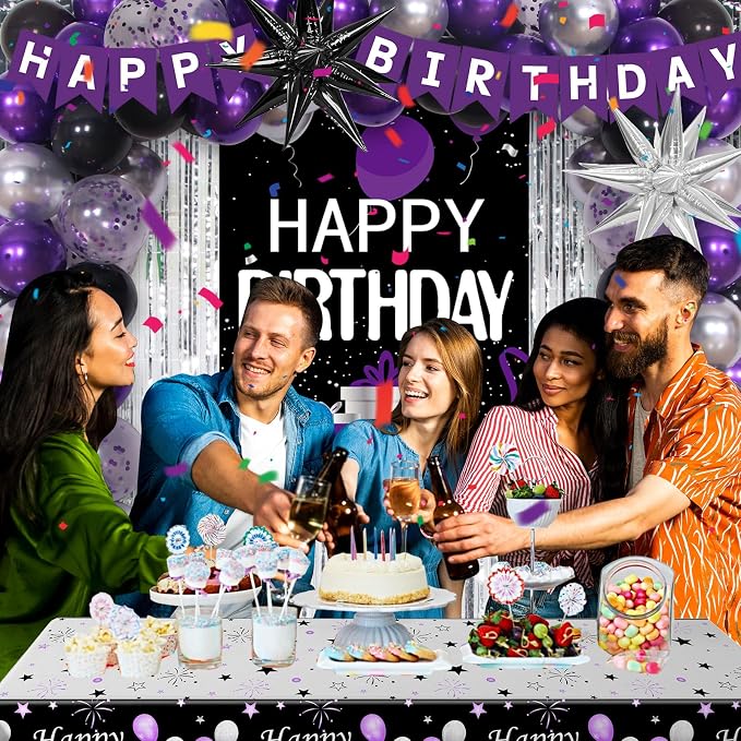 Purple and Black Birthday Decorations for Women Men, Happy Birthday Decorations for Girls Boys Purple Bday Party Decorations Banner, Balloons, Tablecloth Foil Backdrop Star Balloons Bday Party Decor
