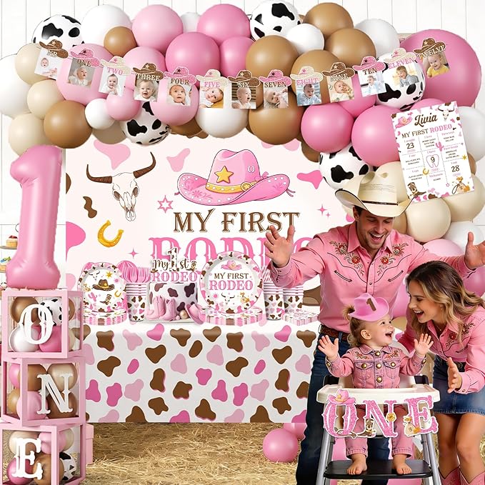 Cocomigo 272 PCS My First Rodeo Decorations Girl, First Rodeo Birthday Decorations Girl Party Supplies with Balloon Garland, Backdrop, Tableware for 25 Guests, High Chair Banner, Balloon Boxes