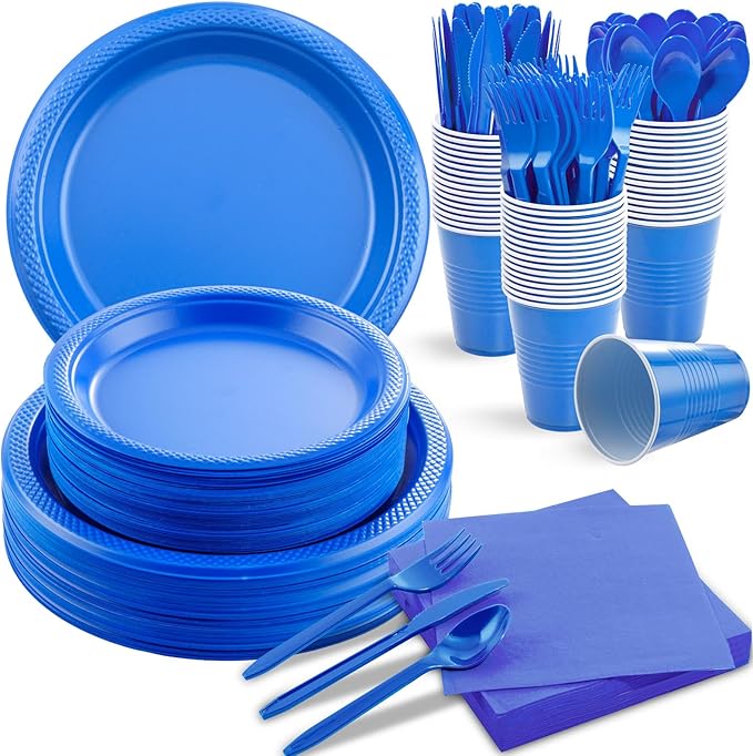 MirthMood 350 Pieces Blue Party Supplies, Disposable Dinnerware Set, Including Blue Plastic Plates and Napkins, Plastic Cutlery and 12OZ Cups,Serve 50 Guests for Party & Birthday
