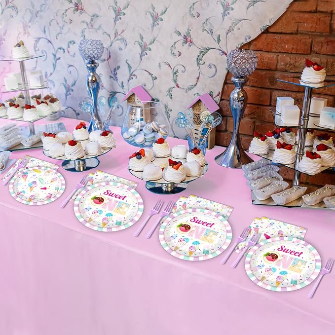 chiazllta 96Pcs Sweet One Ice Cream 1st Birthday Party Paper Plates and Napkins Supplies, Ice Cream First Birthday Tableware Decorations for Party Favors 24 Guests