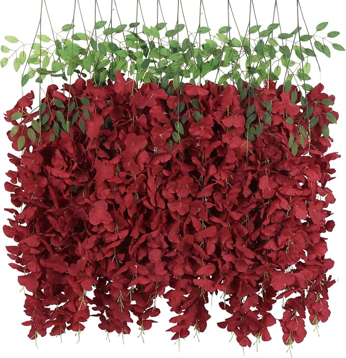 12Pack Burgundy Wisteria Hanging Flowers Vines 3.6ft Artificial Silk Flowers Fake Wisteria Bushy Garland Hanging Rattan String for Garden Home Wall Wedding DIY Party Decorations (Burgundy)
