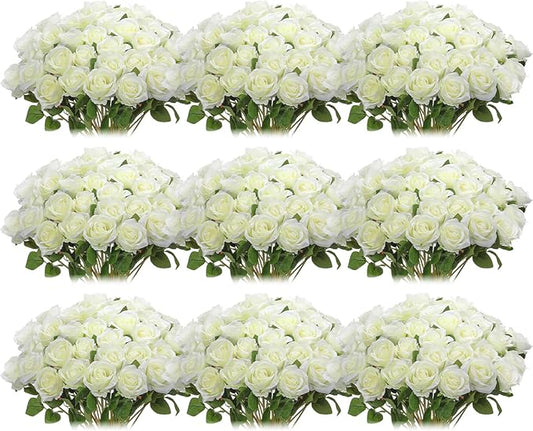 Jexine 100 Pieces Artificial Roses Flowers Bulk, Long Stem Realistic Fake Silk Roses Bouquet for Table Centerpiece Vases Wedding Party Kitchen Decor(White)