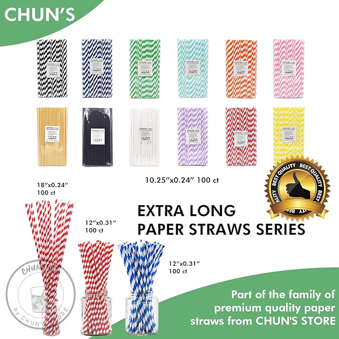 12 Inch Extra Long Large Paper Drinking Straws 8mm Wide - For Smoothies, Shakes, Tall Drinks, 40oz Tumblers - Red Stripe, 100 Count - 100% Biodegradable