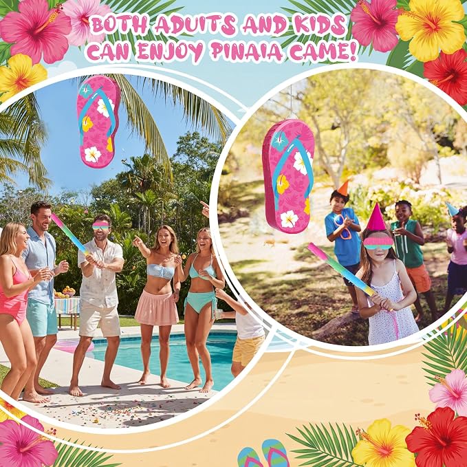 Blosssound Flip Flop Piñata Summer Themed Party Decorations Hibiscus Slippers Piñata with Blindfold Stick for Tropical Hawaiian Luau Beach Pool Theme Birthday Baby Shower Decor Supplies