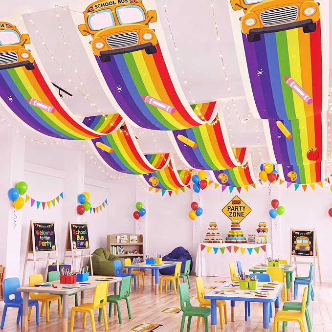 Feifeiya 3 Pcs 36 ft Rainbow Back to School Hanging Ceiling Decor Rainbow Cloud and Bus Ceiling Banner Hanging Bunting for Back to School VBS Birthday Party