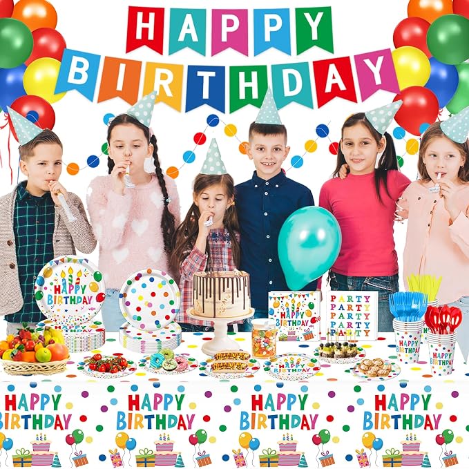 Happy Birthday Decorations - Colorful Dots Birthday Party Supplies Includes Plates, Napkins, Cups, Cutlery, Banner, Hanging Swirl, Tablecloth, Balloons for Birthday Decorations, Serves 24