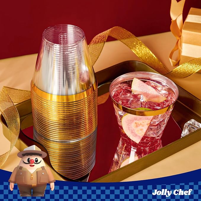 JOLLY CHEF 100 Pack Gold Plastic Cups, 9 oz Clear Plastic Tumblers, Elegant Gold Rimmed Cups, Disposable Glasses for Wedding, Thanksgiving Day, Christmas Party