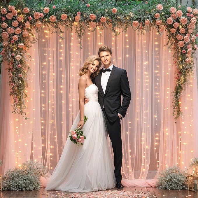 10x8ft Peach Tulle Backdrop Curtain with Lights String for Parites, Sheer Photo Backdrop Curtains with Lights for Wedding Backdrop Ceremony Reception Bridal Shower Baby Shower Birthday Party