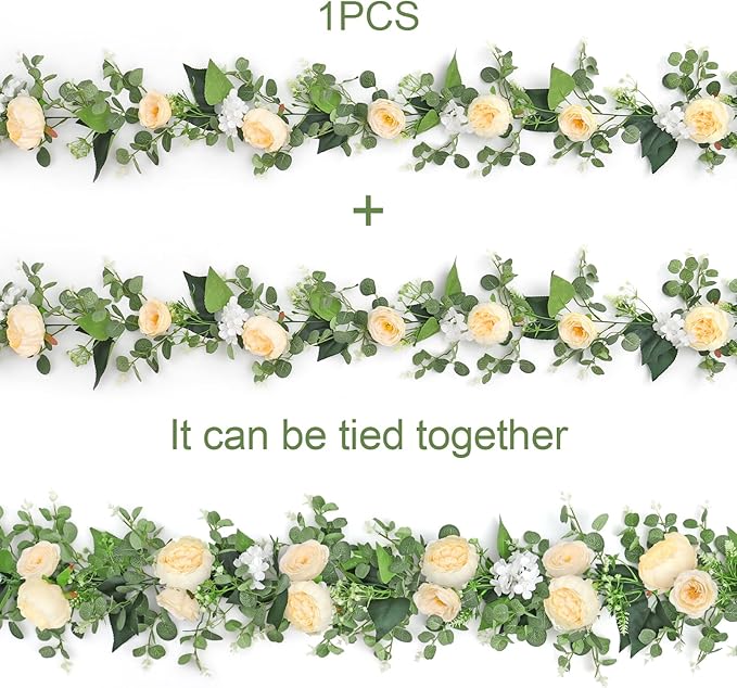 Betylifoy 2 Pack 12Ft Champagne Flower Garland Artificial Eucalyptus Flower Garlands Fake Peony Rose Floral Vines Hanging Hydrangea Flowers Faux Greenery Garland for Wedding Party Table Backdrop Decor