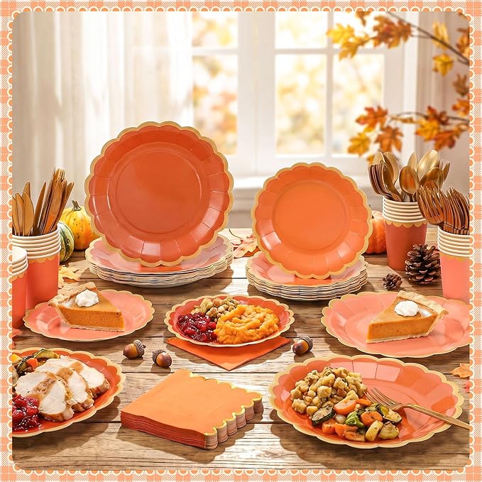Mimorou 169 Pcs Beige-orange Beach Party Supplies Set Fall Disposable Tableware Kit with Plates, Cups, Napkins, Cutlery in Orange Tones for Fall Autumn Thanksgiving Baby Shower, Birthday