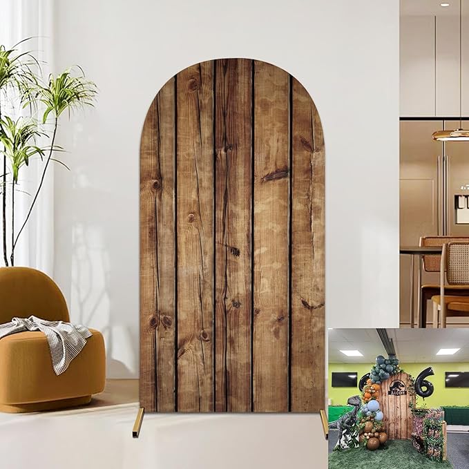 Rustic Wood Arch Cover 7.2FT Wood Vintage Texture Spandex Stretch Fabric Fitted Round Top Arch Stand,Chiara Backdrop Cover for Photography,Wedding,Birthday,Ceremonies,Banquets