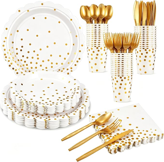 175 Pcs White and Gold Paper Plates and Napkins, Disposable Gold Party Dinnerware Include Scalloped Party Plates Napkin Cups Plastic Cutlery for Birthday Wedding Graduation Congratulations