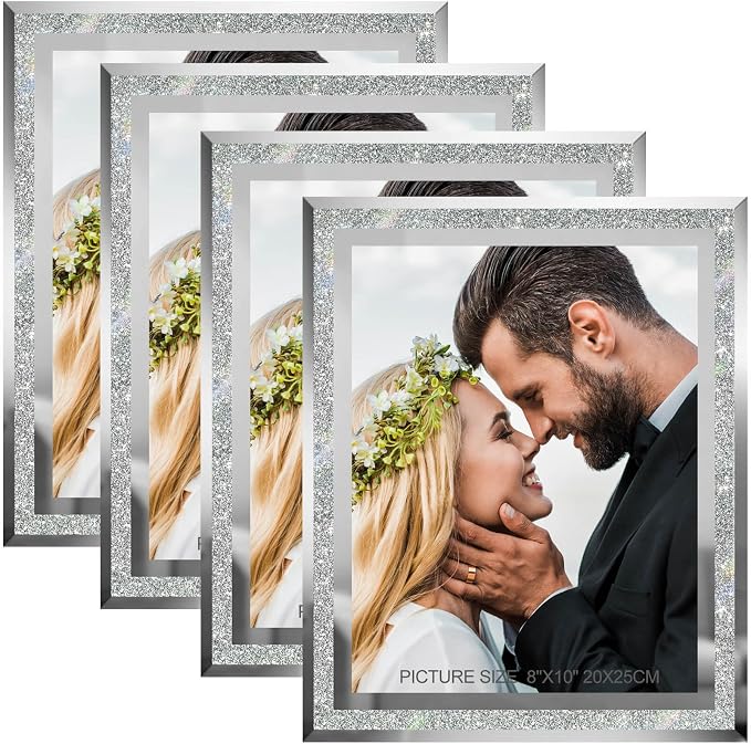 HIKWADERY 8x10 Picture Frames Silver - Set of 4, Sparkle Real Glass 8 by 10 Photo Frame Mirrored Edge Great Gift, for Tabletop Display, Wedding Birthday Mothers Day Gifts (8 x 10, Glitter Silver)