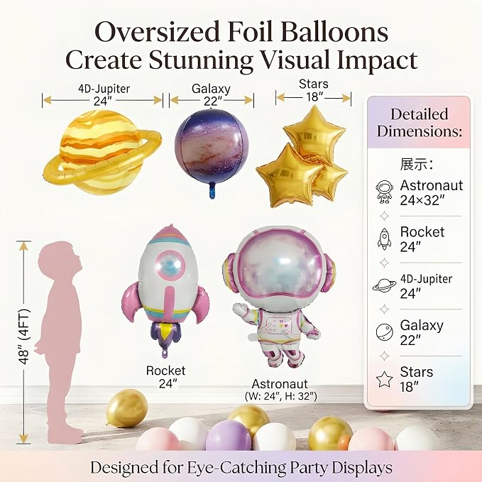108PCS Pink Space Balloon Arch Kit for Girls – Dreamy Astronaut Rocket Planet Galaxy Balloons Garland, Outer Space Birthday Party Decorations, Baby Shower Two The Moon Party Supplies