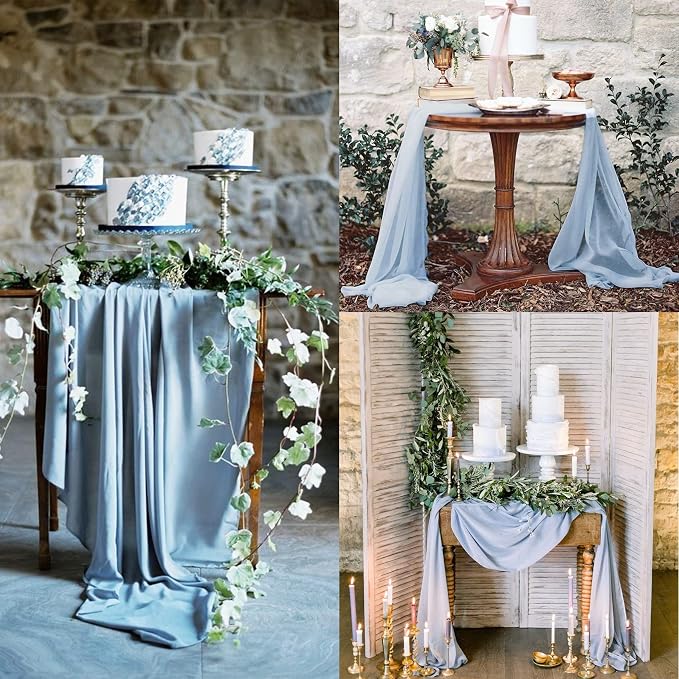 Fivenl 12 Pack Chiffon Table Runner - 27 x 120 Inches Sheer, Romantic for Wedding, Birthday, Party & Shower Decoration (Light Blue)