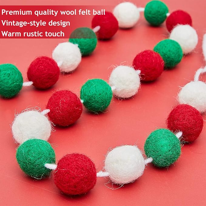 WILLBOND 2 Pieces Wool Felt Rainbow Ball Garland Colorful Pom Pom 6.5 ft Long 24 Ball Garland for Easter Mardi Gras Classroom Halloween Thanksgiving Xmas (Red,White,Green)