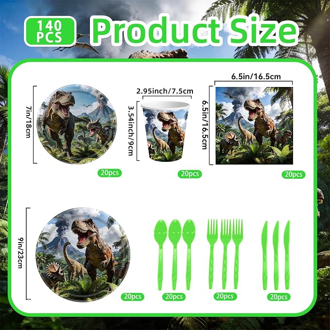 140PCS Dinosaur Party Birthday Supplies, Heavy Duty Oil-Proof Waterproof Paperware for Kids Dinosaur Theme Party, Disposable Dinosaur Tableware Set for 20 Guests Birthday Party