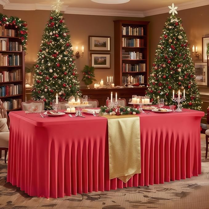 Wish Care 6 Pack Red Spandex Table Clothes for 6 Foot Rectangle Tables, 6FT Wrinkle Free Fitted Tablecloths Ruffles Design Table Cover for Party, Banquet, Wedding and Events