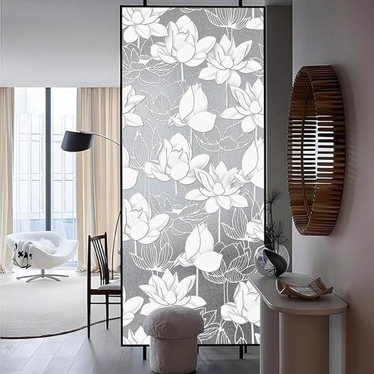 Faux 3D Frosted Tropical Window Privacy Film for Glass Door and Window, 29.53"x68.90" 3D-Lotus Flower