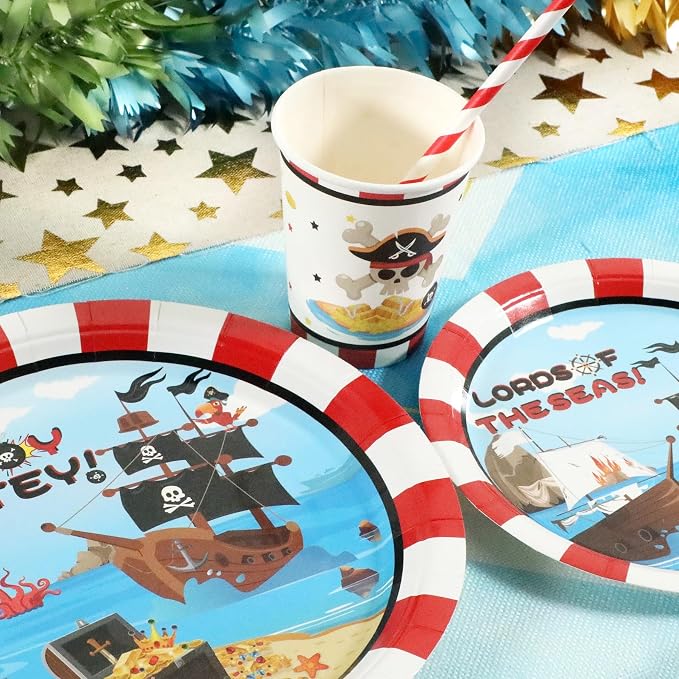 Recheel Pirate Birthday Party Supplies Decorations, Pirate Treasure Theme Paper Plates and Napkins Set with Cups and Straws for 24 Guests, 120 Pcs Disposable Party Dessert Dinnerwares
