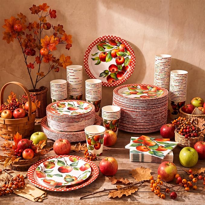 Domensi 250 Pcs Fall Apple Party Paper Plates and Napkins Forks Autumn Apple Party Supplies Decoration Fall Theme Tableware Set for Rosh Hashanah Harvest Fruit Theme Birthday Parties Baby Shower