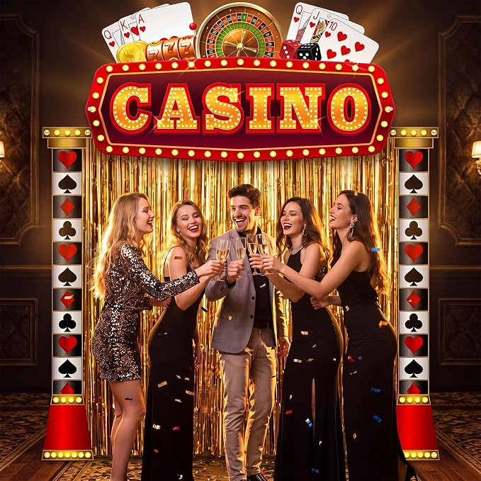 Peryiter 5 Pcs Casino Party Decorations with Gold Foil Curtain Backdrop Roaring Casino Themed Backdrop Awards Night Party Decor for Vintage Black Gold Art Event for Halloween, New Year, Birthday