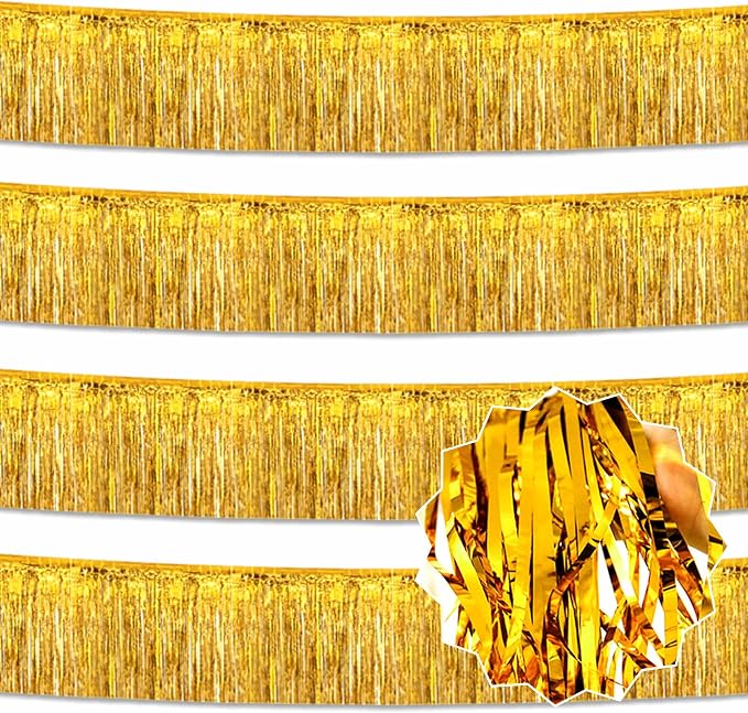 4 Pack 10 Ft Gold Foil Fringe Garland Metallic Streamers Tinsel Banner Wall Hanging Garland Backdrop for Parade Floats, Halloween, Christmas, Thanksgiving, New Year Party Decorations