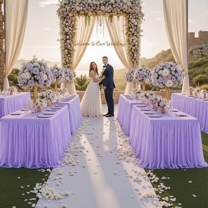 Purple Tablecloth Rectangle 8 Foot Stretch Elastic Fitted Tulle Ruffle Lavender Tablecloths Rectangular Spandex Table Covers 8ft Birthday Baby Shower Wedding Party Table Cloths with Skirt
