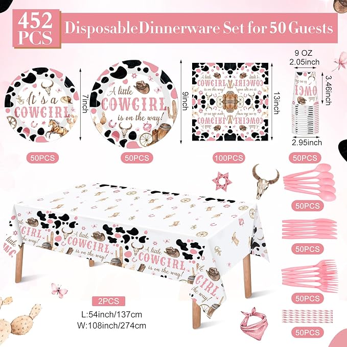 Funnymoom 452 Pcs Cowgirl Baby Shower Party Decorations Include a Little Cowgirl Is on the Way Paper Plates Napkins Cups Tablecloth Cutlery Straws for Baby Shower Party Supplies