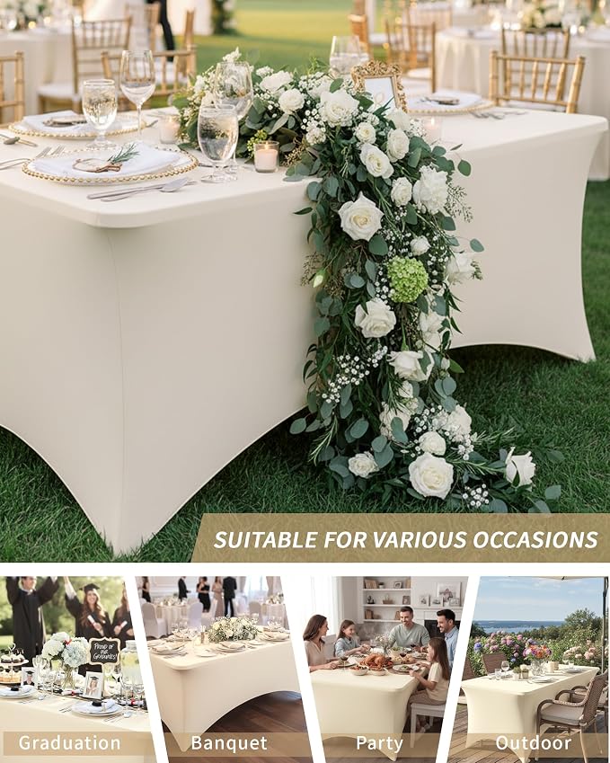 Fixwal Ivory Stretch Table Cloth Rectangle 2 Pack 6Ft, Spandex Fitted Table Covers Washable for Party, Trade Show, Banquet, Wedding, Buffet