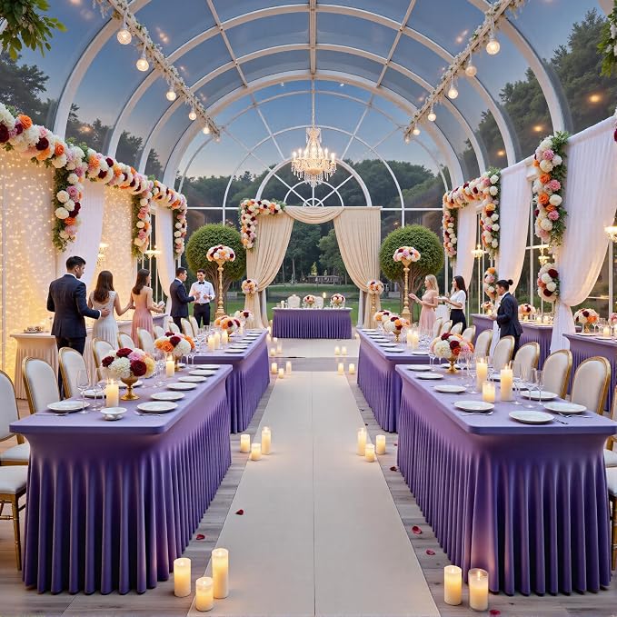 NSSONBEN 2 pk Purple Spandex Tablecloth for 8 Foot Rectangle Tables,Wrinkle Free Fitted Spandex Table Covers 8ft Stretch Table Cloths with Ruffle Skirt for Parties Weddings Banquet Baby Shower